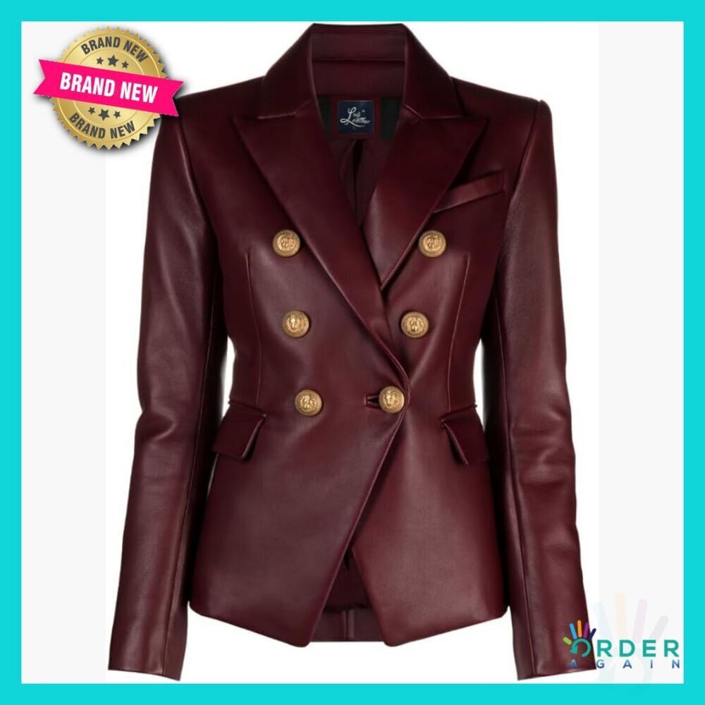 Genuine Lambskin Leather Blazer Classic Office Wear Single Button Notch Lapel
